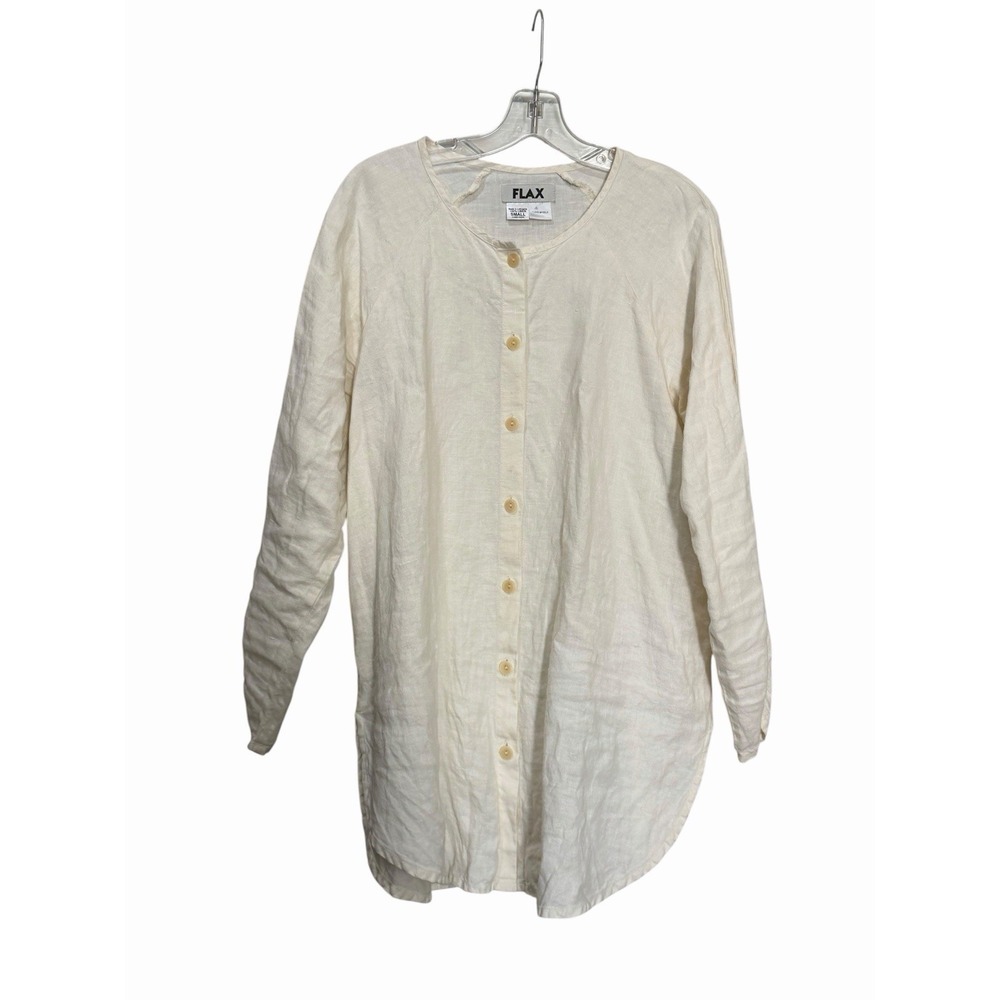Flax Small Cream Linen Button Tunic Ruched Minimal Lagenlook Boho Shirt B17